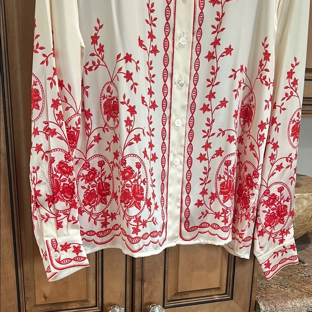 Escada White and Red Embroidered long sleeve button down blouse - Picture 4 of 6